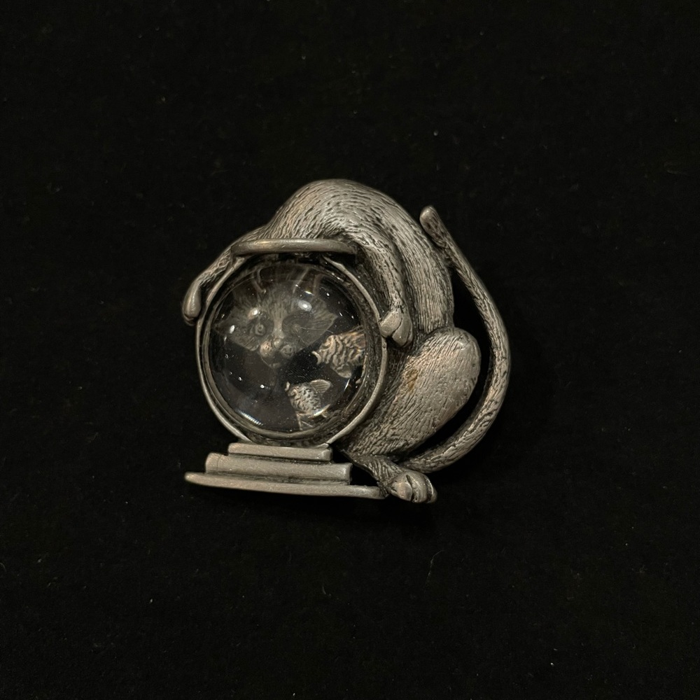 Vintage signed JJ silver pewter cat looking into fishbowl brooch/Pin